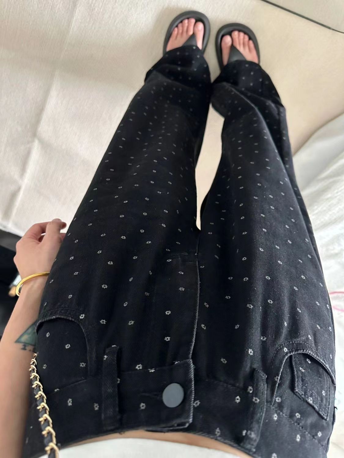黑色碎花牛仔褲女秋冬新款復古高腰顯瘦修身百搭直筒拖地長褲子潮