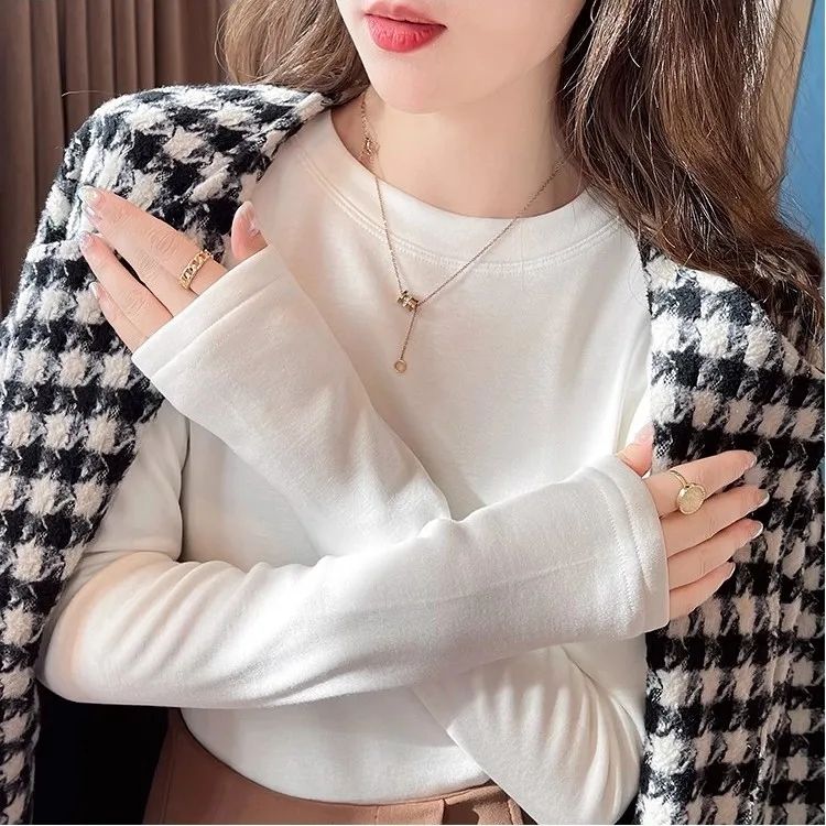 歐貨圓領加絨打底衫女內搭秋冬2024新款加厚保暖長袖t恤修身上衣