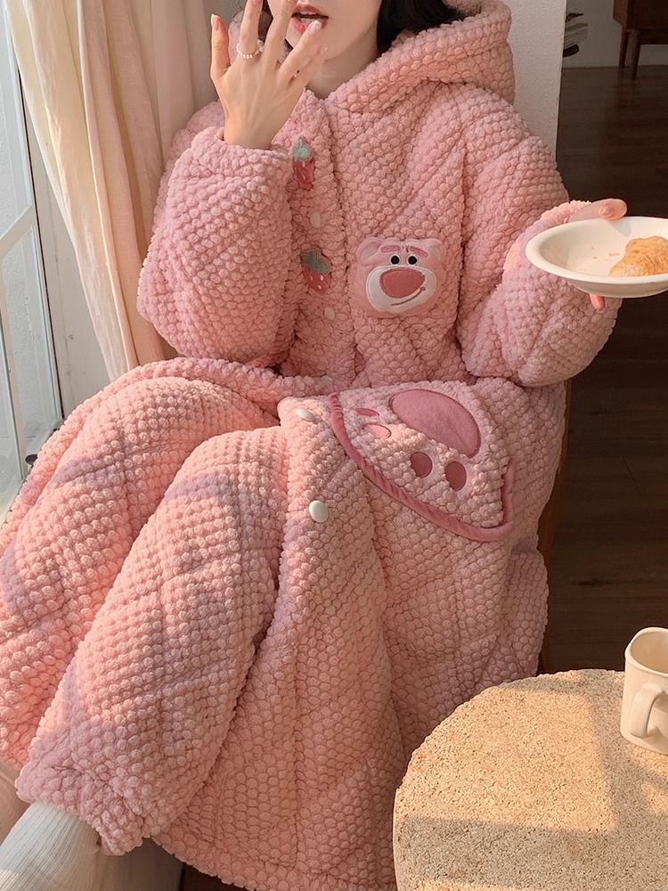 珊瑚絨三層夾棉睡衣女2023年冬季加絨加厚連帽睡袍可愛浴袍家居服