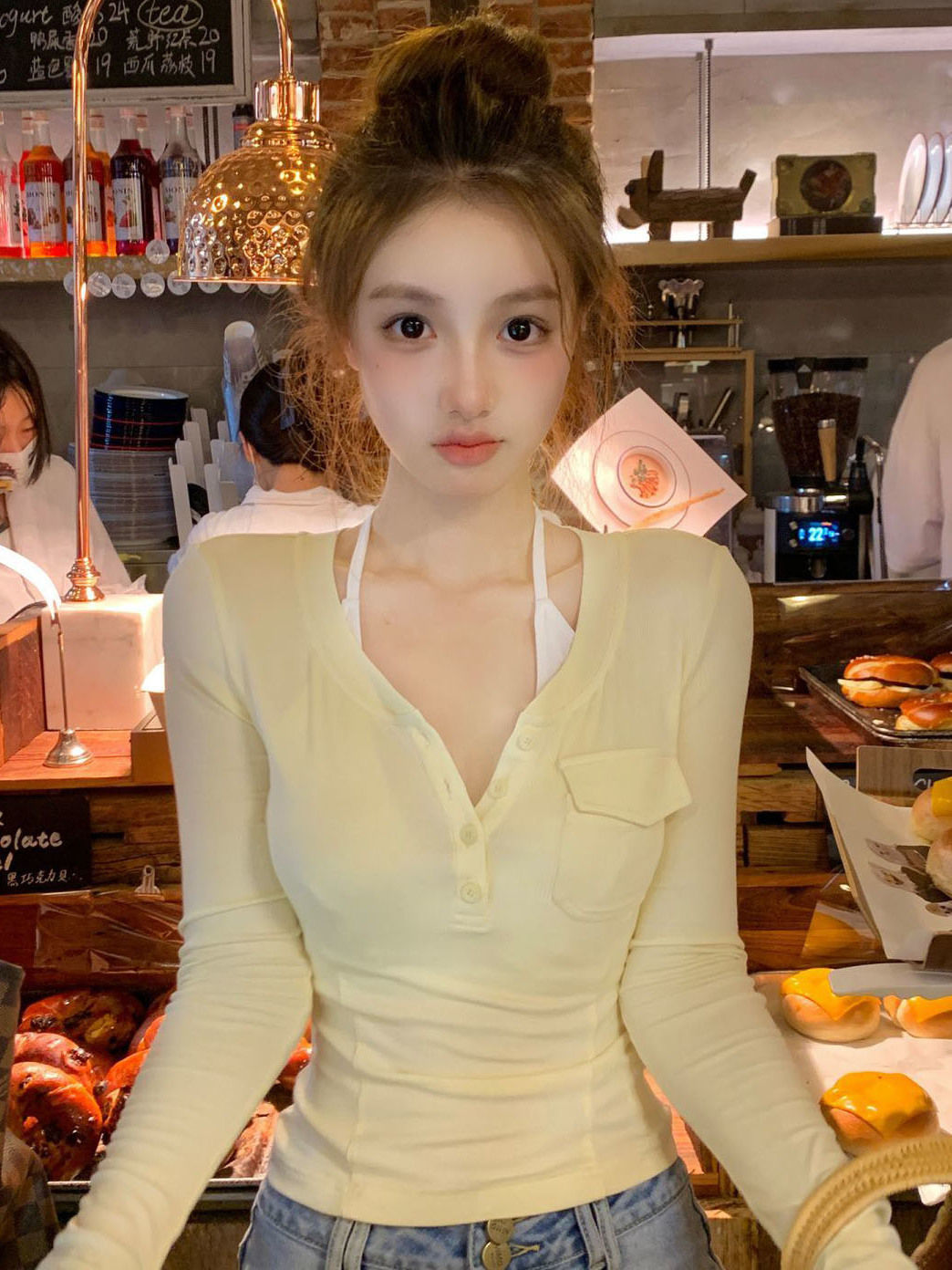 美式辣妹黃色內搭打底衫女春秋季正肩長袖t恤修身短款魚骨上衣潮