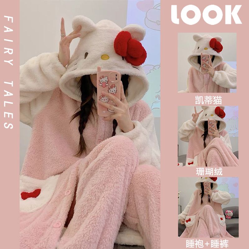 hellokitty睡衣女冬天珊瑚絨加絨加厚保暖法蘭絨長款連帽冬季睡袍