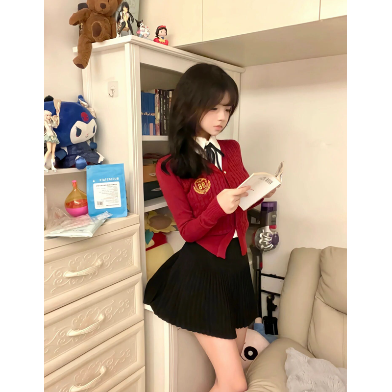 套裝女2023冬新款韓系學院風V領紅色修身毛衣開衫襯衫百褶半身裙