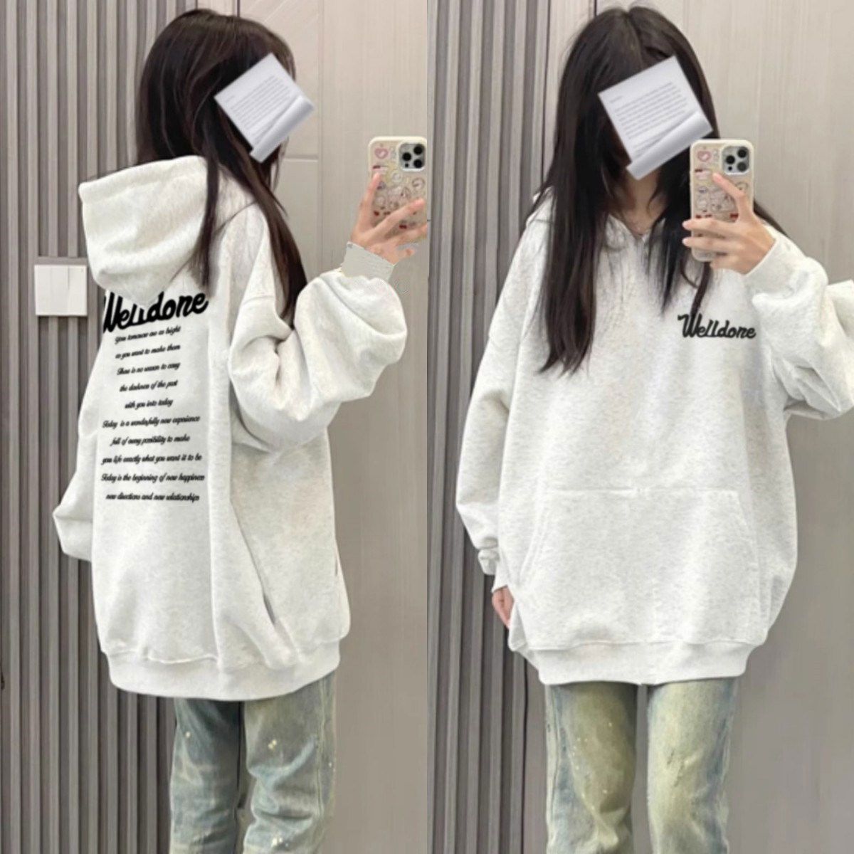 Heavyweight pure cotton silver fox velvet American high street trendy letter hooded sweatshirt for women in autumn and winter loose niche jacket for women