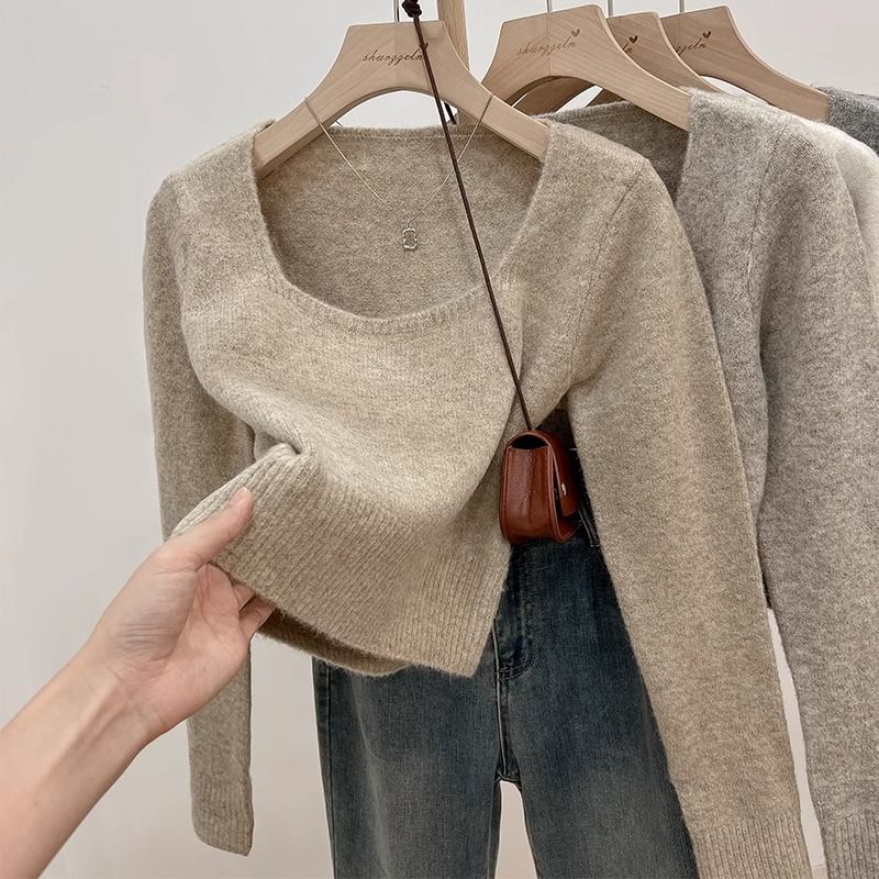 Square collar exposed clavicle soft waxy knitted bottoming shirt for women 2024 autumn and winter high-end sweater pullover top T-shirt