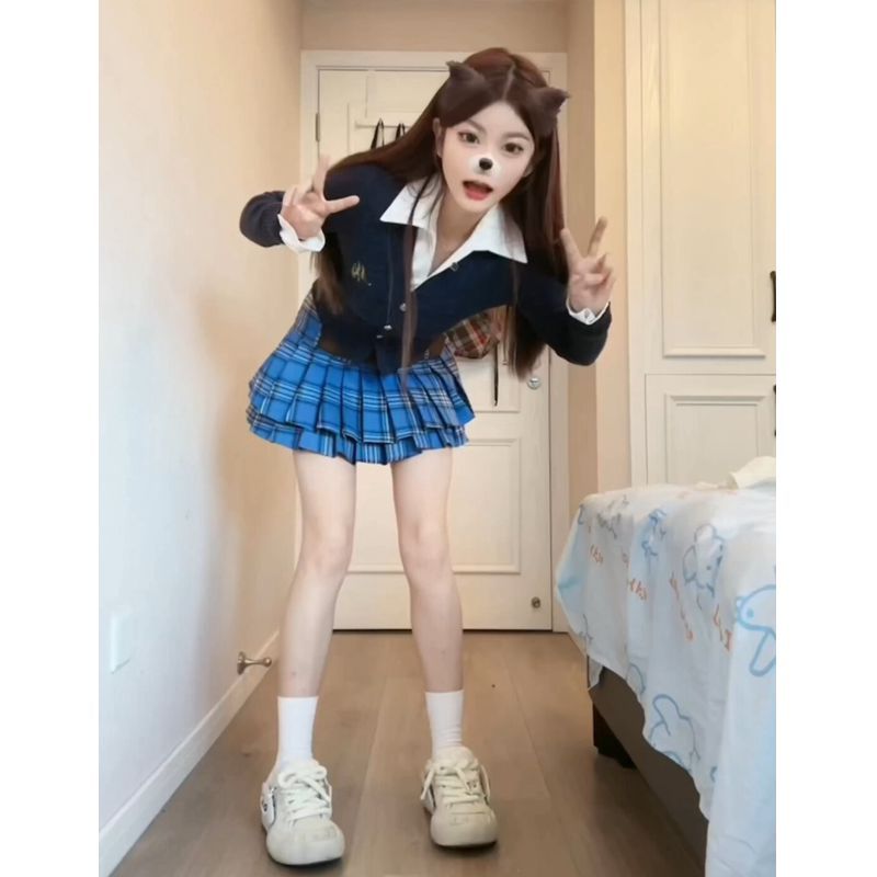 韓系學院風V領修身短款毛衣開衫套裝女秋冬搭配襯衫高腰半身裙潮