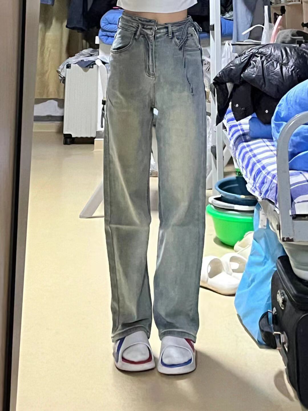 不規則綁帶寬鬆闊腿牛仔褲女秋冬新款高腰顯瘦直筒拖地設計感褲子