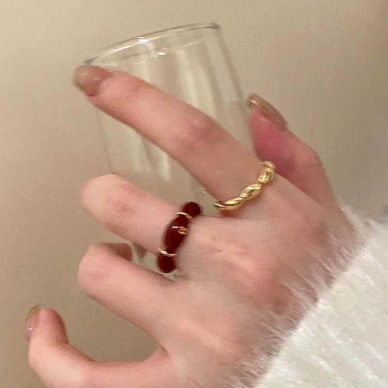 竹节新款调节复古红色戒指时尚个性戒小众设计网设计开口食指指环