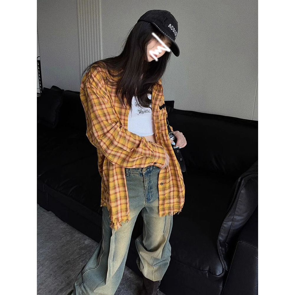 美式高街復古黃色格子襯衫女潮秋季新款刺繡長袖襯衣毛邊開衫外套