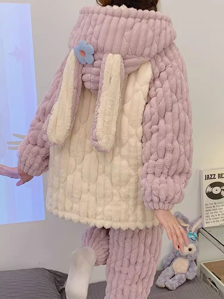 三層夾棉襖卡通睡衣女加絨加厚保暖珊瑚絨秋冬季法蘭絨家居服套裝