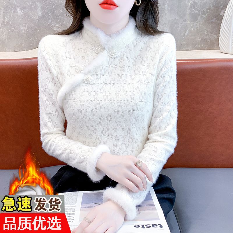 加絨新中式國風盤扣蕾絲襯衫女2023秋冬季新款內搭修身打底衫長袖