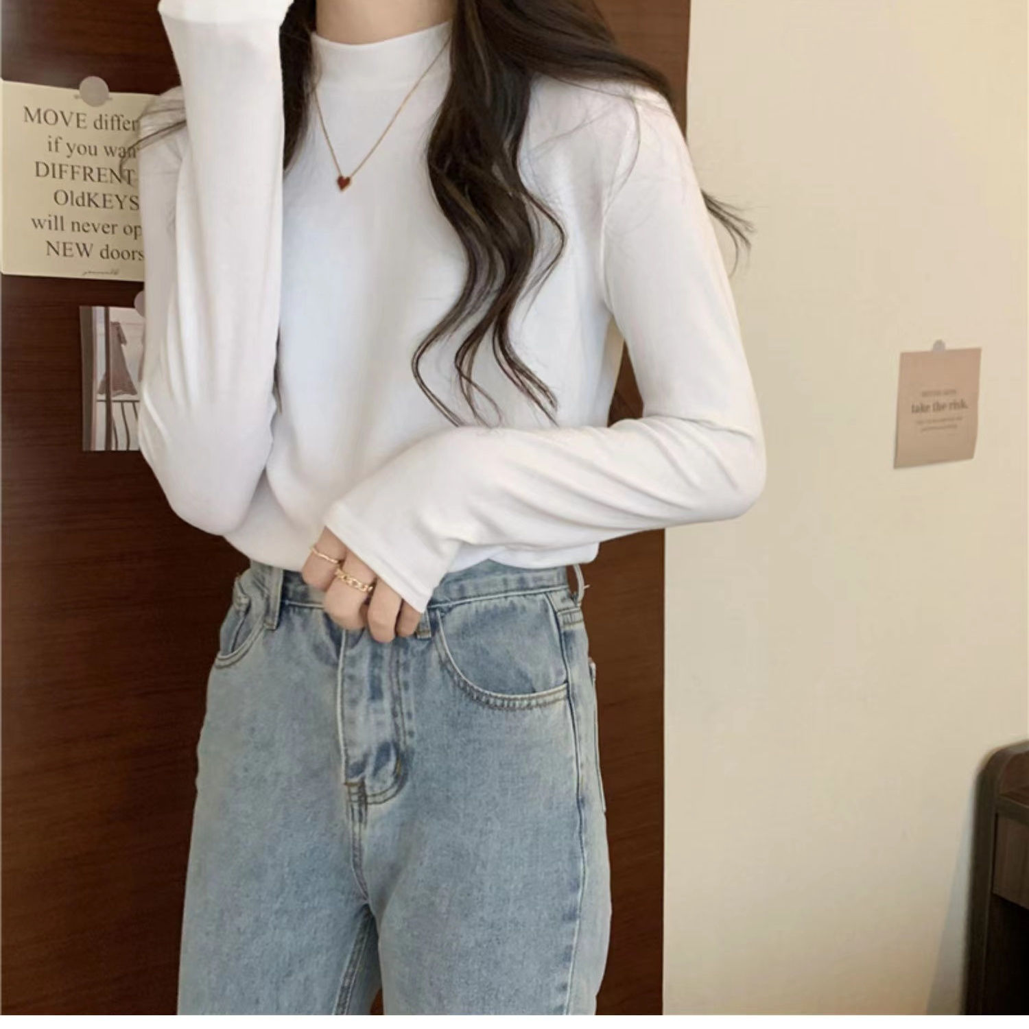 秋冬新款徳絨小立領百搭打底衫女徳絨長袖t恤修身顯瘦上衣女裝潮