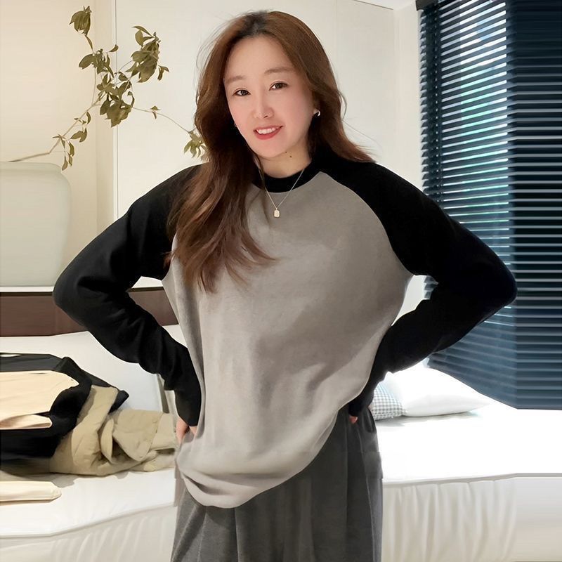 大碼胖妹妹雙面澳絨打底衫2023秋冬插肩袖加厚保暖長袖T恤上衣女