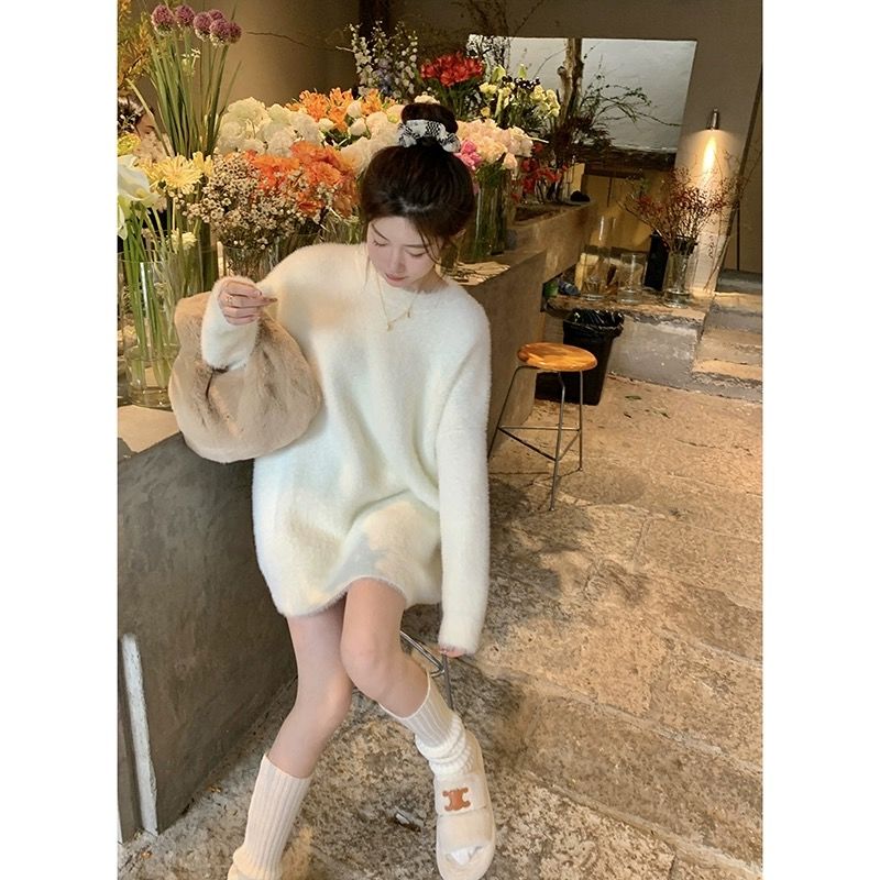 MINETTE中長款仿水貂絨毛衣女秋冬針織軟糯厚實寬鬆慵懶針奶fufu