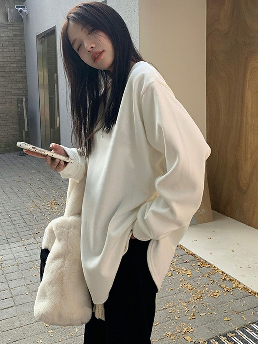 德絨t恤白色打底衫女冬季加絨加厚寬鬆大版慵懶風內搭長袖上衣服