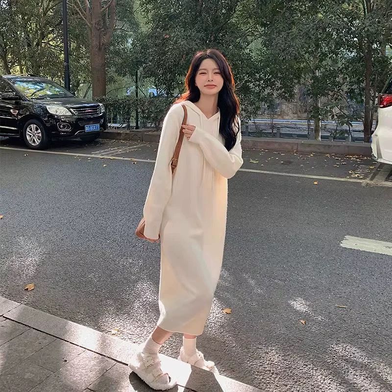 MINETTE長裙寬鬆顯瘦連帽針織連衣裙女長款秋冬內搭裙打底毛衣裙
