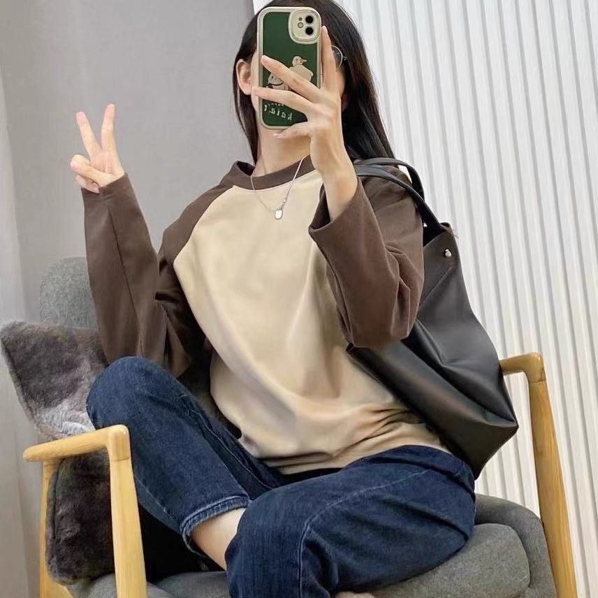寬鬆大碼遮肚雙面德絨磨毛長袖t恤女加絨保暖上衣插肩顯瘦打底衫