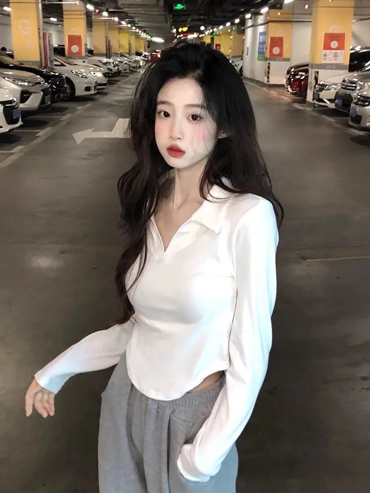 polo領純欲風短款長袖T恤女裝秋季辣妹設計感修身氣質打底衫上衣