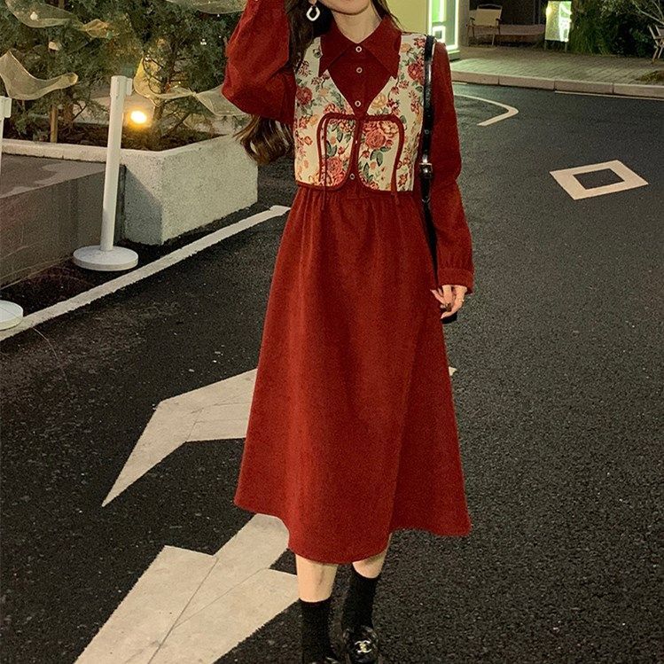 新中式女裝國風連衣裙馬甲秋冬季新款高級感小個子穿搭假兩件長裙
