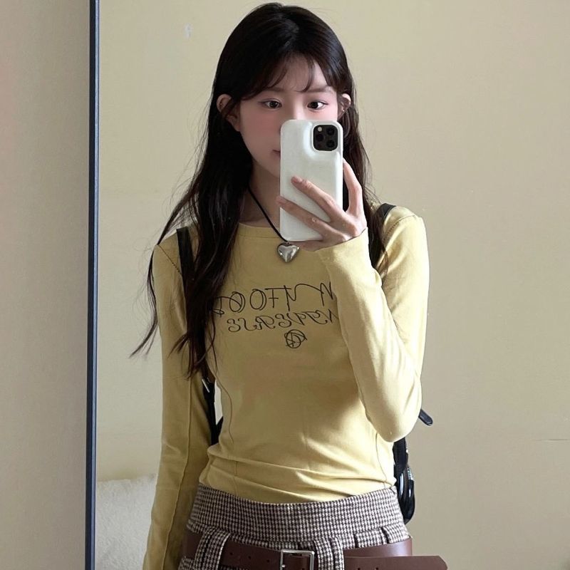 美式甜辣正肩長袖t恤女春秋設計感小眾修身顯瘦內搭辣妹打底上衣