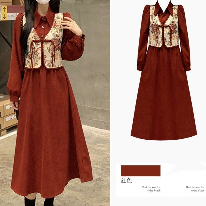 New Chinese-style Chinese-style women's winter suit, small, high-end wear, temperament shirt jumpsuit, fake two-piece skirt