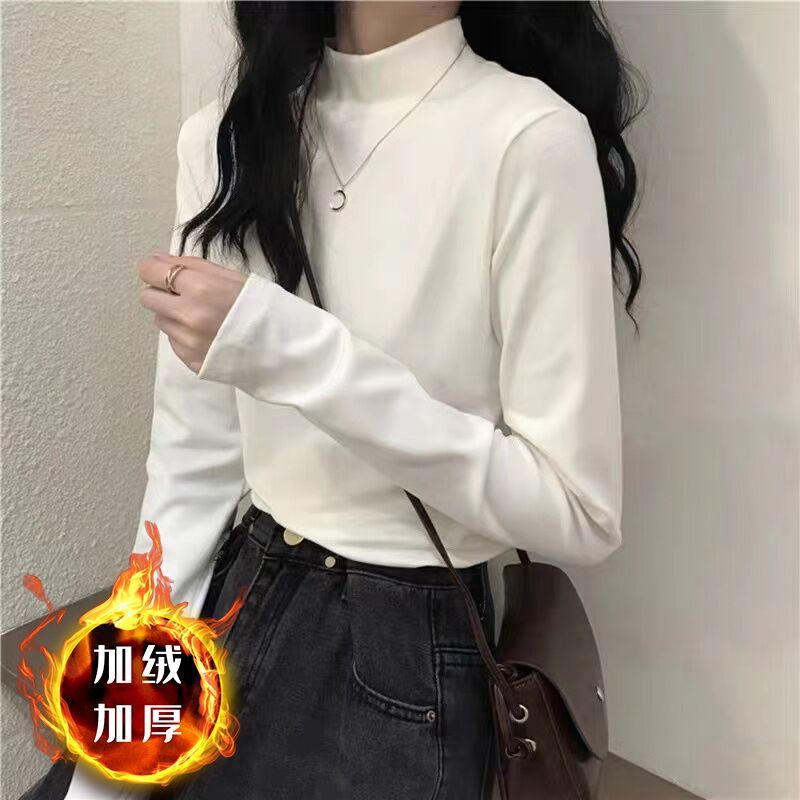 德絨半高領打底衫女內搭加絨上衣女2023秋冬洋氣百搭白色長袖T恤
