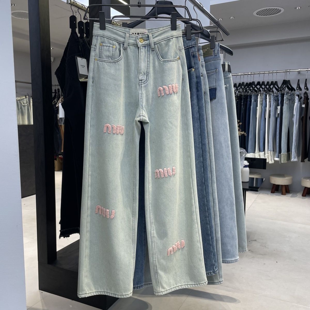 darim十三行正品粉色字母刺繡2023韓版高腰辣妹高腰女冬厚直筒褲