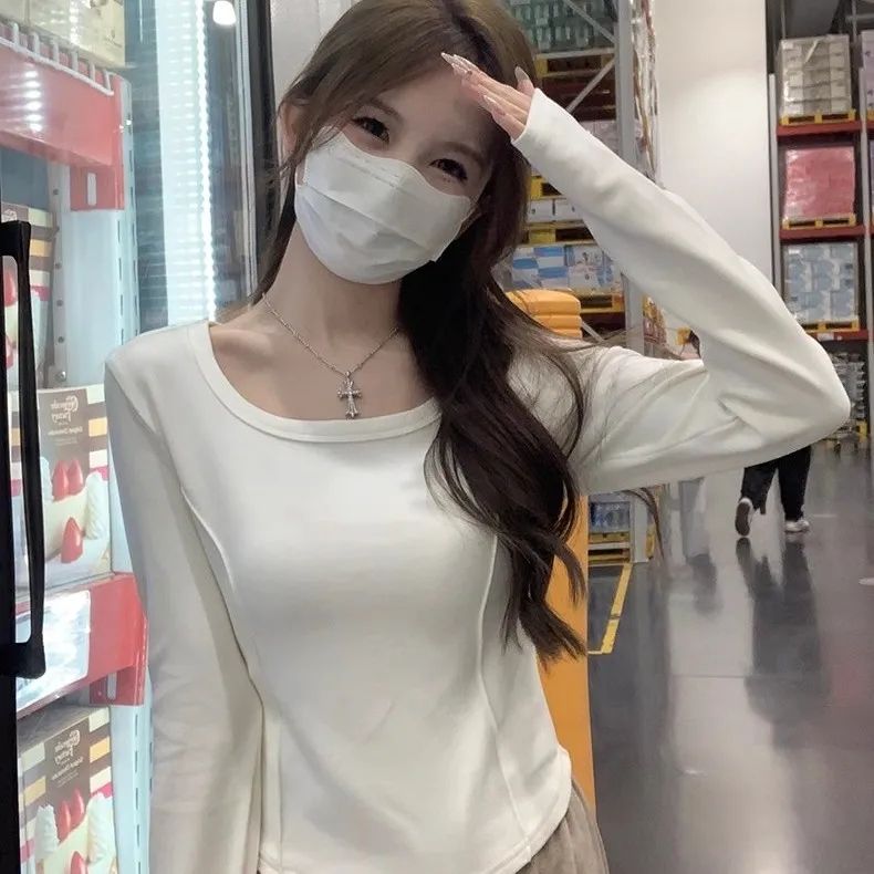 U領正肩加絨打底衫女內搭春秋冬爆款設計感魚骨上衣長袖t恤上衣潮