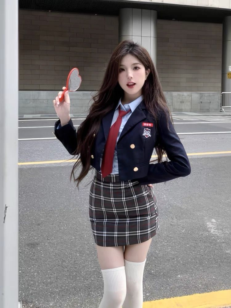三件套女2023秋冬新款韓系制服學院風短款西裝外套襯衫高腰半身裙