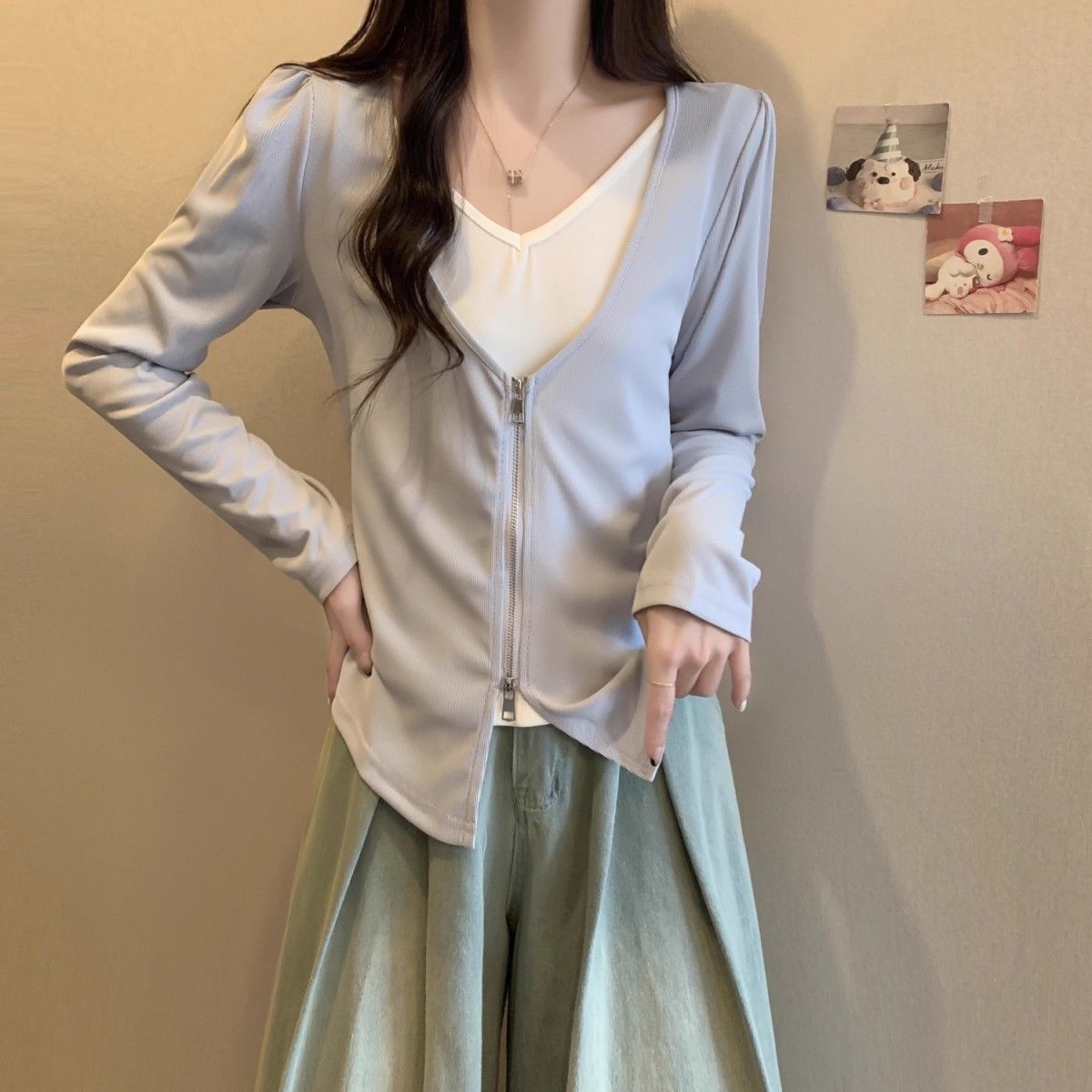 大碼胖MM設計感假兩件開衫長袖t恤女秋冬顯瘦遮肚打底衫百搭上衣