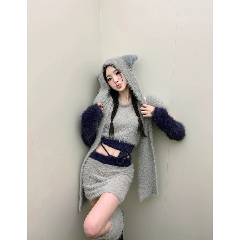 灰色時尚套裝女純欲風辣妹毛茸茸貓耳連帽針織拼色半裙兩件套ins