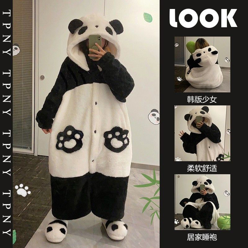 連帽睡裙珊瑚絨熊貓睡衣女冬季冬款睡袍女加厚加絨保暖家居服套裝