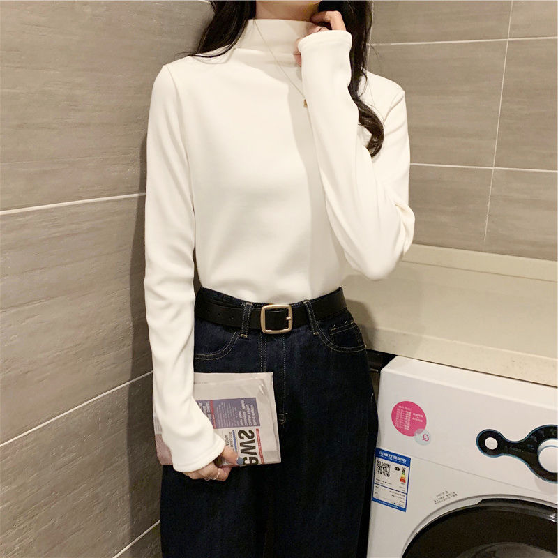 德絨半高領打底衫女2023秋冬白色長袖t恤女加絨加厚內搭洋氣上衣