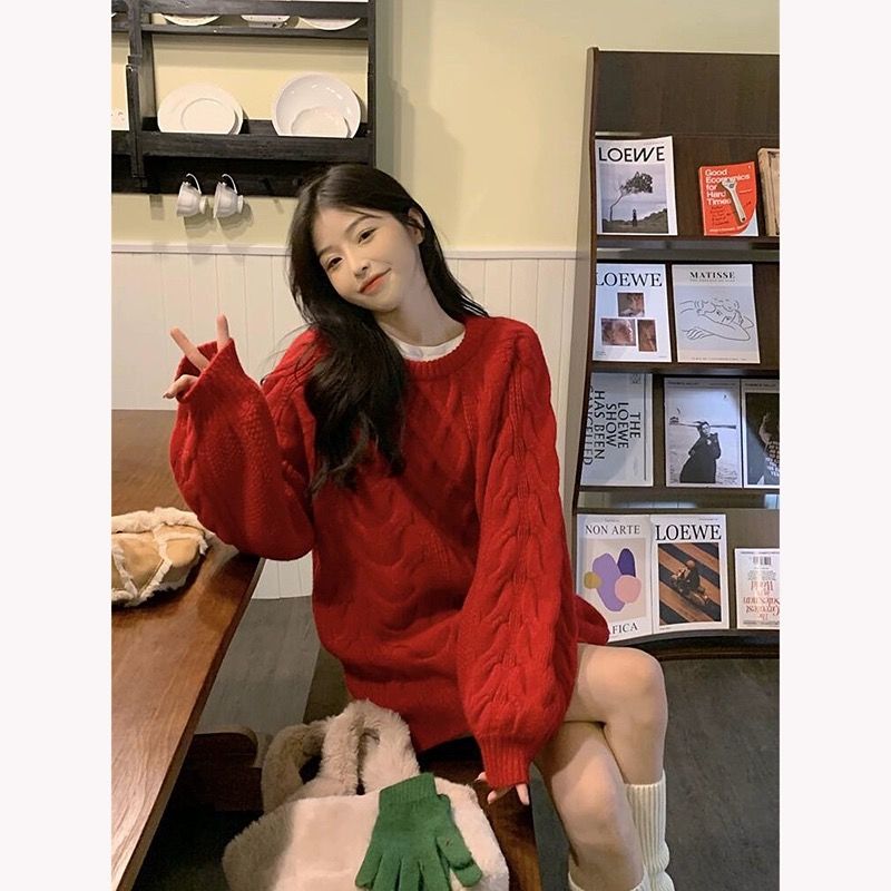 MINETTE聖誕紅色毛衣女秋冬外穿寬鬆軟糯慵懶加厚打底內搭中長款