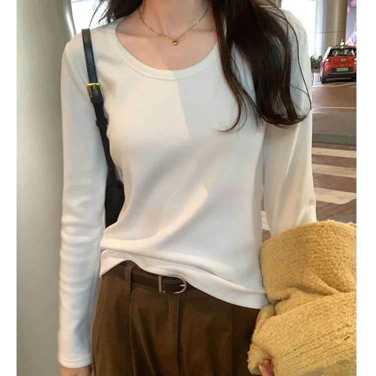加厚加絨內搭純色基礎打底衫女低圓領長袖T恤一體絨保暖春秋上衣