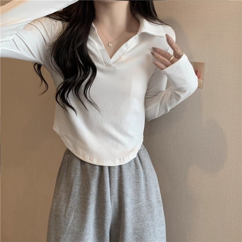 秋冬polo領辣妹純欲風短款長袖t恤女小衫洋氣時尚內搭打底衫上衣
