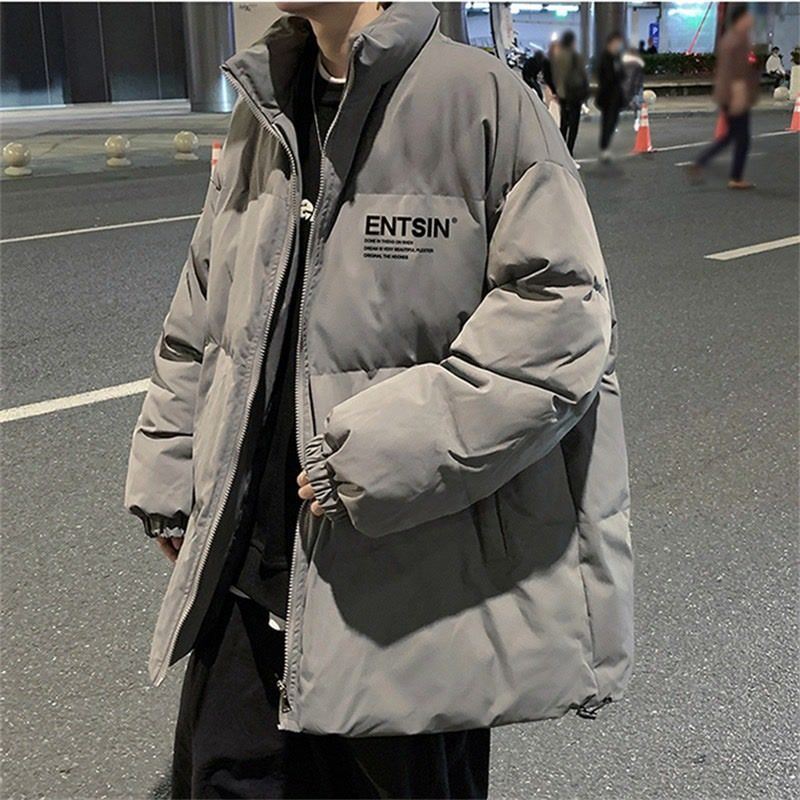 2023 Winter New Solid Color Letter Logo Printed Stand Collar Loose Bread Cotton Jacket Same Style for Men and Women