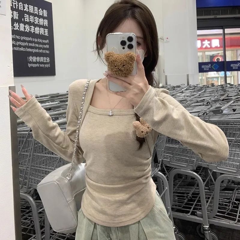 加絨方領打底衫女春秋冬內搭設計感別致小眾修身顯瘦長袖上衣ins