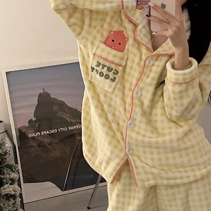 Fat mm plus size pajamas for women in autumn and winter thickened flannel new super cute loopy home wear set can be worn outside