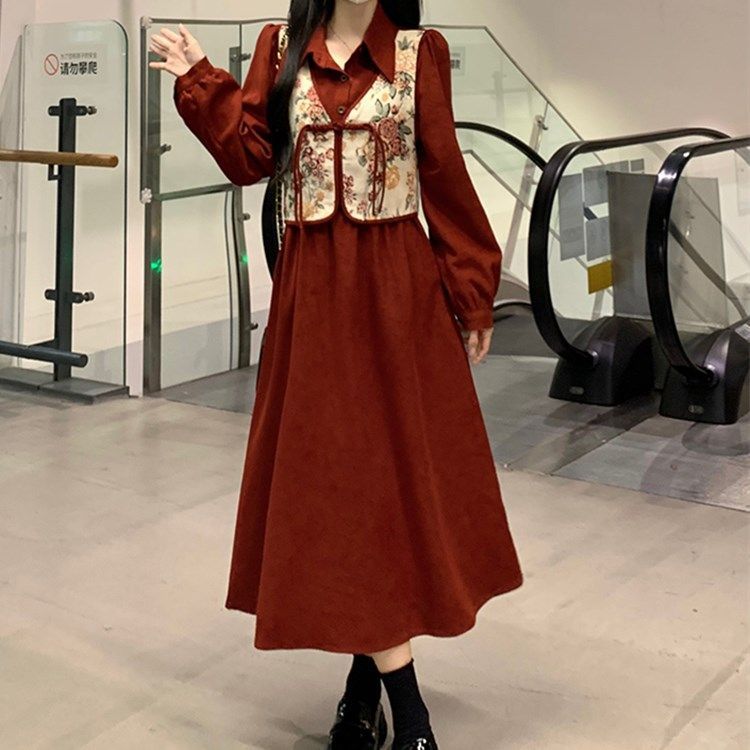 New Chinese-style Chinese-style women's winter suit, small, high-end wear, temperament shirt jumpsuit, fake two-piece skirt