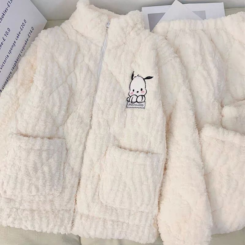 三層夾棉襖睡衣女士冬季珊瑚絨卡通加絨加厚保暖法蘭絨家居服套裝