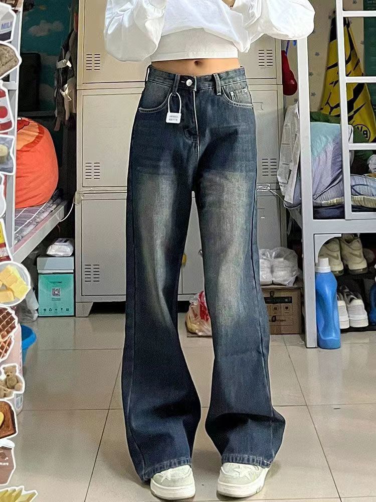 做舊闊腿牛仔褲女秋冬新款高腰寬鬆顯瘦直筒修身百搭拖地長褲子潮