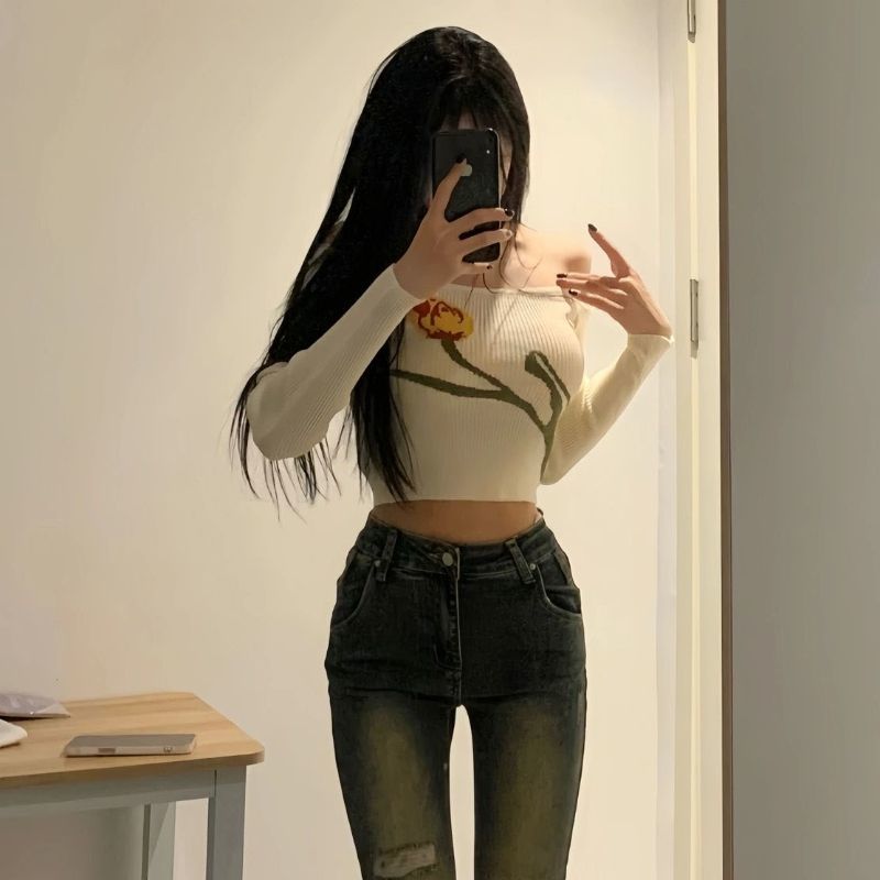 純欲風辣妹長袖T恤女春季別致漂亮洋氣小衫修身顯瘦短款打底上衣