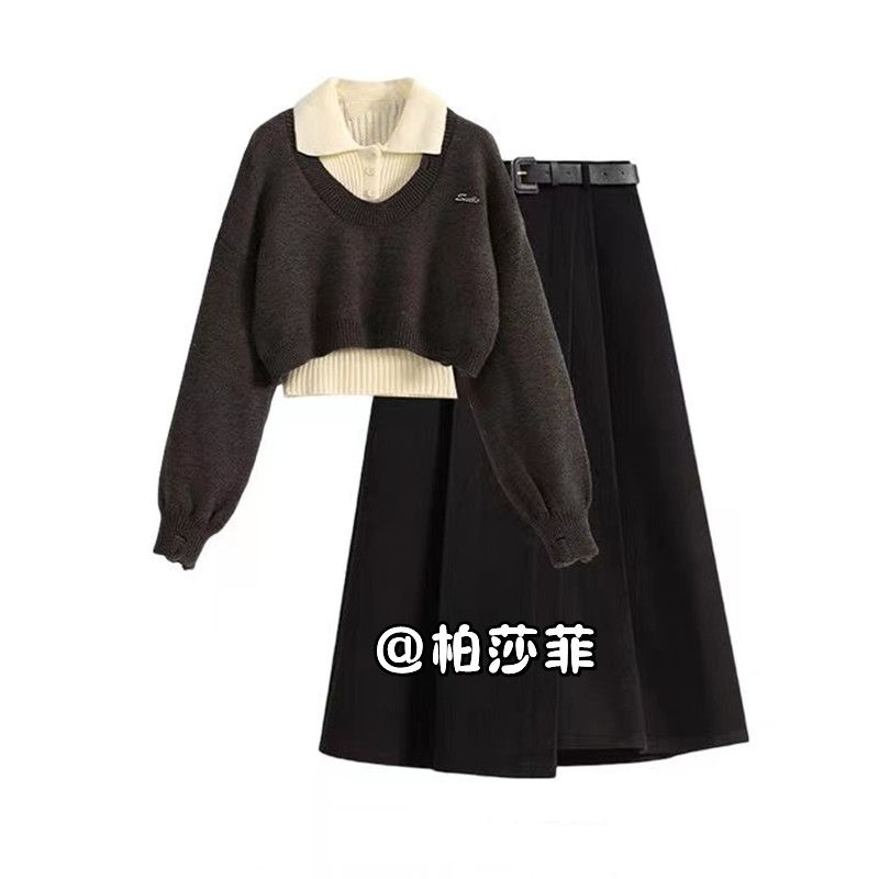 冬季套裝一整套女2023新款減齡復古短款毛衣配半身裙學院風兩件套