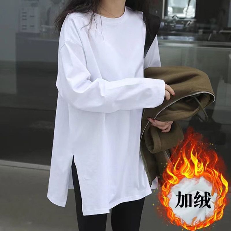 高級感白色打底衫女加絨疊穿衛衣內搭春秋冬季寬鬆中長款長袖t恤