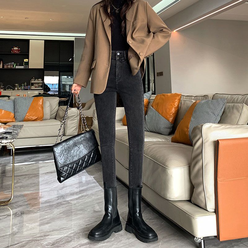 修身牛仔褲女復古高腰小腳顯瘦雙扣鉛筆褲新款2023彈力設計感爆款