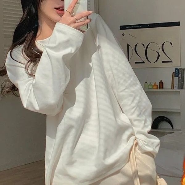 加厚雙面德絨圓領白色打底衫女秋冬磨毛內搭純色寬鬆保暖中長T恤