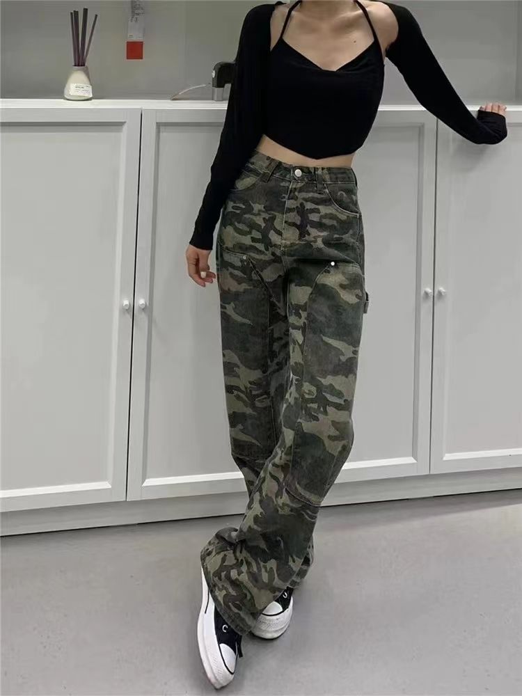高街復古迷彩牛仔褲女秋冬新款修身顯瘦直筒百搭拖地長褲子潮ins