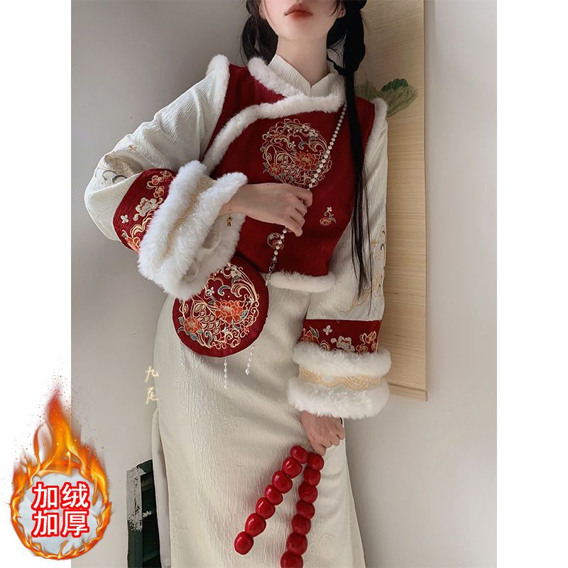 新中式马甲加绒加厚国潮小香风复古风冬季马甲旗袍改良版套装