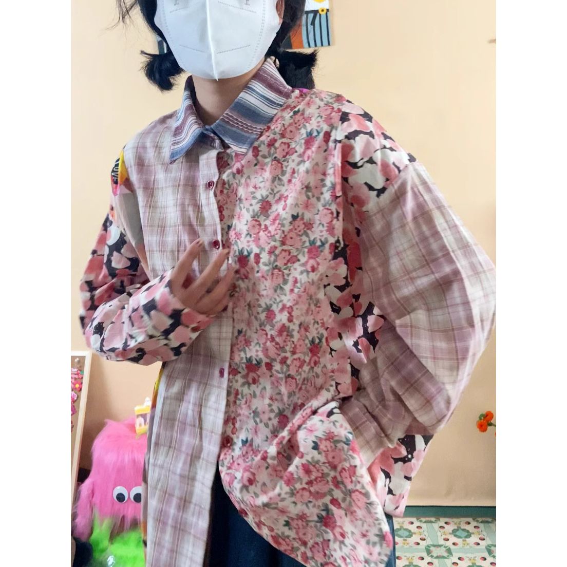 拼接印花長袖襯衫復古港風秋季設計感小眾元氣寬鬆顯瘦百搭襯衣女