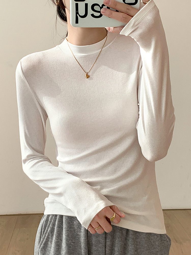 白色打底衫女半高領內搭早秋冬長袖T恤修身小立領上衣
